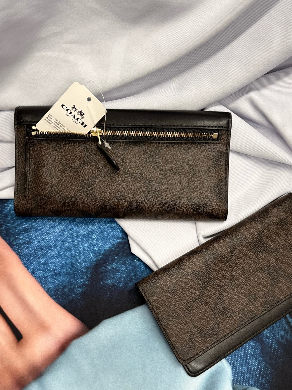 (new+tag) Coach Black Leather & Brown Signature Bifold Wallet + Checkbook Insert - Picture 3 of 11